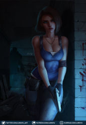 Rule 34 | 1girl, against wall, artist name, blood, blood stain, bloody handprints, blue eyes, breasts, brown hair, capcom, cleavage, finger on trigger, gumroad username, gun, hallway, handgun, highres, jewelry, jill valentine, luminyu, necklace, nemesis (resident evil), parted lips, patreon username, pendant, pistol, resident evil, resident evil 3, resident evil 3: nemesis, resident evil 3 (remake), serious, shadow, solo, standing, twitter username, walkie-talkie, weapon