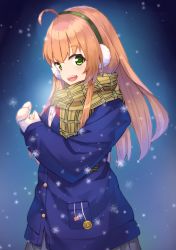 Rule 34 | 1girl, :d, absurdres, ahoge, blue jacket, blush, brown hair, brown scarf, commentary request, dress shirt, earmuffs, green eyes, grey skirt, hair between eyes, highres, honma himawari, jacket, long hair, long sleeves, looking at viewer, mittens, nijisanji, open mouth, own hands together, plaid, plaid scarf, pleated skirt, pocket, scarf, shirt, skirt, sleeves past wrists, smile, snow, solo, teeth, upper teeth only, very long hair, virtual youtuber, white mittens, white shirt, yuuki nao (pixiv10696483)