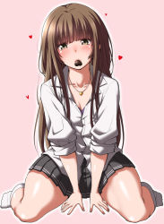 Rule 34 | 1girl, amagami, arm support, blush, bra slip, breasts, brown eyes, brown hair, candy, chocolate, chocolate heart, collarbone, food, heart, jewelry, kamizaki risa, long hair, looking at viewer, mouth hold, pendant, pleated skirt, shirt, shouji nigou, sitting, skirt, sleeves rolled up, small breasts, smile, solo, wariza