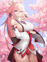 Rule 34 | 1girl, absurdres, arm under breasts, bare shoulders, breasts, cherry blossoms, cowboy shot, crossed bangs, detached sleeves, floral print, genshin impact, hair ornament, highres, japanese clothes, large breasts, long hair, long sleeves, looking at viewer, miko, morung, outdoors, parted lips, pink hair, purple eyes, sideboob, smile, solo, thighs, wide sleeves, yae miko