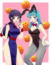 Rule 34 | 2girls, :d, animal ears, armband, black hair, blue eyes, blue hair, blunt bangs, blush, bow, bowtie, breasts, bulma, chi-chi (dragon ball), china dress, chinese clothes, cleavage, detached collar, dragon ball, dress, earrings, fake animal ears, hair ornament, hand on own hip, image sample, jewelry, large breasts, leotard, maruta (shummylass), mature female, md5 mismatch, multiple girls, open mouth, outside border, pantyhose, pink background, pixiv sample, playboy bunny, ponytail, purple eyes, rabbit ears, rabbit tail, resized, resolution mismatch, shummylass, smile, source larger, wrist cuffs