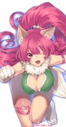 Rule 34 | 1girl, :d, animal ears, animal hands, breasts, cat ears, cat tail, cleavage, cleavage cutout, clothing cutout, gloves, highres, large breasts, leotard, long hair, looking at viewer, murata tefu, open mouth, perisie (star ocean), pink hair, ponytail, red eyes, simple background, smile, solo, star ocean, star ocean anamnesis, tail, white background