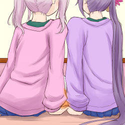 Rule 34 | 10s, 2girls, akebono (kancolle), bell, hair bell, hair ornament, holding hands, jingle bell, kantai collection, long hair, multiple girls, pink hair, sazanami (kancolle), side ponytail, sitting, sweater, twintails, v1, very long hair, yuri
