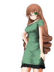 Rule 34 | 00s, brown hair, chemical-x, dress, drill hair, glasses, green eyes, hand on own hip, hands on own hips, heterochromia, hip focus, long hair, aged up, red eyes, rozen maiden, solo, suiseiseki, very long hair