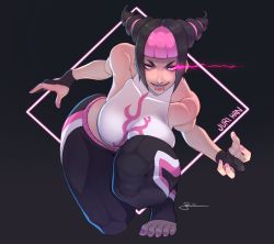 Rule 34 | 1girl, 2021, bare shoulders, breast press, breasts, capcom, gloves, twirling hair, han juri, highres, its just suppi, large breasts, on one knee, open mouth, pink eyes, signature, simple background, solo, street fighter, toeless legwear