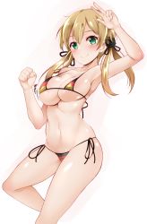Rule 34 | 10s, 1girl, anchor hair ornament, arm up, asymmetrical breasts, bikini, blonde hair, blush, breasts, clenched hand, flag print, german flag, german flag bikini, green eyes, hair ornament, hair ribbon, kantai collection, large breasts, long hair, low twintails, micro bikini, navel, prinz eugen (kancolle), ribbon, sawamura aoi, side-tie bikini bottom, simple background, smile, solo, swimsuit, twintails, v, white background