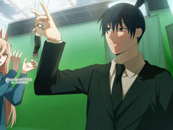 Rule 34 | 1girl, 2boys, black hair, black jacket, black necktie, black pants, blonde hair, blue eyes, blue jacket, chainsaw man, collared shirt, cosiecottage, cross-shaped pupils, denji (chainsaw man), earrings, formal, fox shadow puppet, green screen, hayakawa aki, highres, horns, jacket, jewelry, long hair, looking at viewer, looking to the side, midair, multiple boys, necktie, open mouth, out of frame, pants, power (chainsaw man), red horns, sharp teeth, shirt, short hair, smile, stud earrings, suit, symbol-shaped pupils, teeth, topknot, topless male, twitter username, v, white shirt, yellow eyes