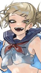 Rule 34 | 1girl, :d, absurdres, bags under eyes, bikini, blonde hair, blue sailor collar, boku no hero academia, crop top, double bun, fangs, fengling (furin-jp), hair bun, highres, looking at viewer, messy hair, neckerchief, open mouth, sailor collar, slit pupils, smile, solo, swimsuit, toga himiko, unfinished, yellow eyes, yellow neckerchief
