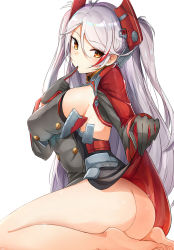 Rule 34 | 1girl, ass, azur lane, bad id, bad pixiv id, breasts, buttons, clothes lift, feet, finger to mouth, gloves, hair between eyes, hair ornament, large breasts, lifted by self, long hair, looking at viewer, luse maonang, multicolored hair, no panties, orange eyes, prinz eugen (azur lane), revision, seiza, sideboob, silver hair, simple background, sitting, skirt, skirt lift, solo, streaked hair, swept bangs, thighs, two side up, white background