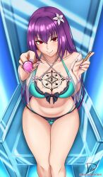 Rule 34 | 1girl, artist name, bikini, breasts, candy, chest tattoo, cleavage, collarbone, fate/grand order, fate (series), flower, food, green bikini, hair flower, hair ornament, highres, large breasts, lollipop, long hair, looking at viewer, magic circle, nail polish, navel, pink nails, purple hair, red eyes, romulproduce, scathach (fate), scathach skadi (fate), scathach skadi (swimsuit ruler) (fate), scathach skadi (swimsuit ruler) (final ascension) (fate), sitting, stomach, swimsuit, tattoo, thighs
