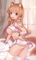 Rule 34 | 1girl, animal ears, ass, bad id, bad pixiv id, bare arms, bare shoulders, bed, blush, breasts, brown hair, commentary request, fang, frills, from behind, highres, kneeling, large breasts, long hair, looking at viewer, nipples, pillow, raccoon ears, raccoon girl, raccoon tail, raphtalia, revealing clothes, rhineheim, skin fang, solo, tail, tate no yuusha no nariagari, thighhighs, white thighhighs, wrist cuffs