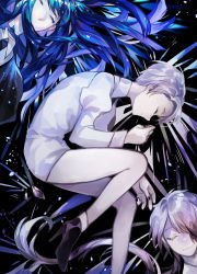 Rule 34 | 3others, androgynous, artist request, black background, blue hair, cairngorm (houseki no kuni), colored eyelashes, decapitation, closed eyes, gem uniform (houseki no kuni), ghost quartz (houseki no kuni), glowing, hair over one eye, highres, houseki no kuni, lapis lazuli (houseki no kuni), long hair, lying, multiple others, on back, on side, short hair, sleeping, smile, time paradox, white hair