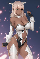 Rule 34 | &gt;:), 1girl, arm at side, bare shoulders, black gloves, blue background, blurry, breasts, cleavage, closed mouth, clothing cutout, collarbone, contrapposto, cowboy shot, dark-skinned female, dark skin, demon girl, depth of field, detached collar, detached sleeves, female focus, fingerless gloves, gloves, gradient background, hand up, head wings, highres, large breasts, leotard, light particles, light smile, long hair, looking at viewer, navel, navel cutout, neck, obaoba (monkeyix), original, revealing clothes, smile, solo, standing, strapless, strapless leotard, thighhighs, white detached sleeves, white hair, wings, yellow eyes