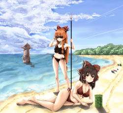 Rule 34 | 4girls, alternate costume, beach, benikurage (cookie), bikini, black bikini, blue sky, blush, bow, breasts, brown horns, buried, cleavage, closed mouth, cloud, commentary request, cookie (touhou), cup, day, food, frilled bikini, frilled bow, frills, fruit, full body, grin, haiperion buzan, hair between eyes, hair bow, hakurei reimu, holding, holding polearm, holding weapon, horizon, horns, ibuki suika, kairu the dolphin, kanna (cookie), large breasts, long hair, looking at viewer, microsoft office, multiple girls, navel, ocean, orange hair, outdoors, polearm, red bikini, red bow, sananana (cookie), sand, side-tie bikini bottom, sky, small breasts, smile, squid, standing, sunglasses, swimsuit, touhou, trident, water, watermelon, weapon, yamin (cookie), yunomi
