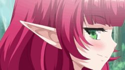 Rule 34 | 1girl, animated, animated gif, blush, elf, green eyes, knoll (youkoso!), long hair, looking back, pointy ears, red hair, smile, smug, solo, upper body, very long hair, youkoso! sukebe elf no mori e