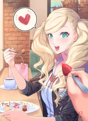 Rule 34 | 1girl, 2021, :d, black jacket, blonde hair, blue eyes, bow, collarbone, dated, earrings, eating, food, fruit, hair ornament, hairclip, happy birthday, heart, highres, holding, holding spoon, hood, hood down, hooded jacket, indoors, jacket, jewelry, long hair, looking at viewer, open clothes, open jacket, open mouth, persona, persona 5, pink bow, pov, school uniform, shuujin academy school uniform, smile, solo focus, speech bubble, spoken heart, spoon, strawberry, swept bangs, takamaki anne, twintails, upper body, white jacket, yoruno mahiru