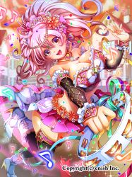 Rule 34 | 1girl, boots, breasts, cleavage, clip studio paint (medium), dancer, dragon tactics, earrings, evening, flower, hair flower, hair ornament, high heel boots, high heels, house, instrument, jewelry, large breasts, long hair, looking at viewer, multicolored eyes, musical note, official art, pink hair, ponytail, purple eyes, red eyes, smile, solo, tambourine, teltelhousi, thighhighs
