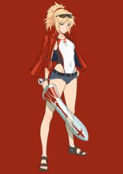 Rule 34 | 1girl, belt, blonde hair, braid, clarent (fate), competition swimsuit, denim, denim shorts, eyewear on head, fate/apocrypha, fate (series), flip-flops, green eyes, hand on own hip, holding, holding sword, holding weapon, jacket, micro shorts, mikoyan, mordred (fate), mordred (fate/apocrypha), one-piece swimsuit, red background, red jacket, red theme, sandals, short shorts, shorts, simple background, skin tight, solo, sunglasses, swimsuit, swimsuit under clothes, sword, v-shaped eyebrows, weapon, white one-piece swimsuit
