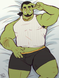 Rule 34 | 1boy, absurdres, armpit hair, armpit hair peek, bara, black male underwear, boxers, bulge, chest hair peek, colored skin, covered erect nipples, facial hair, feet out of frame, finger under clothes, goatee, green skin, highres, large pectorals, lying, male focus, male underwear, mature male, midriff peek, monster boy, muscular, muscular male, neeul (dick gumshoe), on back, on bed, one eye closed, orc, original, pectorals, ponytail, ruslorc, short hair, short ponytail, smile, solo, strongman waist, tank top, thick eyebrows, thick thighs, thighs, tusks, underwear, v, white tank top