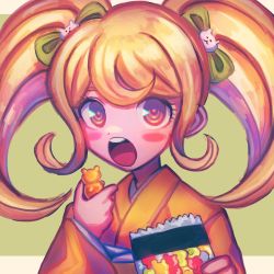 Rule 34 | 1girl, :o, blonde hair, blush stickers, bow, cat hair ornament, commentary request, danganronpa (series), danganronpa 2: goodbye despair, esu (tasoesu), green background, hair bow, hair ornament, highres, japanese clothes, kimono, long hair, long sleeves, looking at viewer, open mouth, red eyes, saionji hiyoko, shiny skin, smile, solo, teeth, twintails, upper body, upper teeth only, wide sleeves