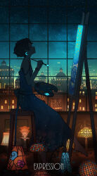 Rule 34 | 1girl, absurdres, bare shoulders, barefoot, blue dress, brown hair, building, city, cityscape, commentary, crescent moon, dress, earrings, easel, english commentary, from side, full body, galaxy, glowing, glowing earrings, highres, holding, holding brush, jewelry, lamp, mixed-language commentary, moon, night, night sky, original, painting (action), painting (object), palette (object), pasoputi, profile, scenery, shooting star, short hair, sitting, sky, solo, star (sky), starry sky, strap slip