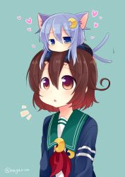 Rule 34 | 10s, 2girls, :o, animal ears, blue eyes, cat ears, cat girl, cat tail, chibi, chibi on head, gradient eyes, gradient hair, hair ornament, heart, kantai collection, kemonomimi mode, multicolored eyes, multicolored hair, multiple girls, mutsuki (kancolle), nagasioo, neckerchief, on head, purple hair, red eyes, red hair, remodel (kantai collection), school uniform, simple background, tail, tail wagging, twitter username, yayoi (kancolle)