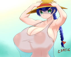 Rule 34 | 1girl, blue hair, braid, breasts, female focus, gigantic breasts, green eyes, hat, histamine c, huge areolae, large areolae, long hair, puffy nipples, see-through, smile