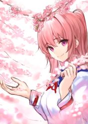 Rule 34 | 1girl, a.t. zero, cherry blossoms, flower, hair between eyes, highres, long hair, looking at viewer, neck ribbon, original, pink flower, pink hair, purple eyes, red ribbon, ribbon, shirt, solo, white shirt