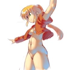Rule 34 | 1girl, blonde hair, bottomless, breasts, cropped jacket, green eyes, jacket, kyrieru, long hair, navel, open clothes, open jacket, original, outstretched arms, ponytail, small breasts, smile, solo