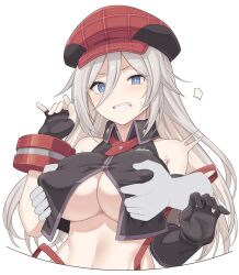 Rule 34 | 1girl, alisa ilinichina amiella, bare shoulders, black gloves, blue eyes, blush, breasts, cleavage, clenched teeth, covered erect nipples, disembodied hand, fingerless gloves, gloves, god eater, god eater burst, grabbing, grabbing another&#039;s breast, grey hair, hat, large breasts, long hair, looking at viewer, shiseki hirame, simple background, solo, teeth, underboob, vest, white background