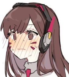 Rule 34 | 1girl, @ @, blush, brown hair, closed mouth, commentary request, d.va (overwatch), full-face blush, headset, kawaii rowa, long hair, lowres, overwatch, overwatch 1, portrait, simple background, solo, sweatdrop, swept bangs, white background