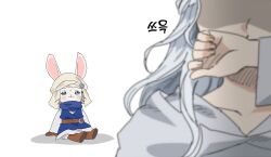 Rule 34 | 1girl, 1other, :|, absurdres, animal ears, belt, blue coat, blue eyes, blush stickers, brown belt, brown footwear, brown gloves, closed mouth, coat, final fantasy, final fantasy xiv, gg dal, gloves, grey coat, grey hair, highres, loporrit, rabbit ears, shaded face, simple background, sitting, venat (ff14), white background
