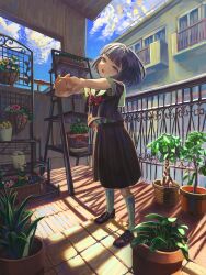 Rule 34 | 1girl, absurdres, balcony, black footwear, black serafuku, black shirt, black skirt, blunt bangs, bob cut, bow, bowtie, day, full body, green sailor collar, highres, house, interlocked fingers, kagenoyuhi, kneehighs, loafers, looking at viewer, open mouth, original, outdoors, own hands together, plant, pleated skirt, potted plant, purple hair, railing, red bow, red bowtie, sailor collar, school uniform, serafuku, shirt, shoes, short hair, short sleeves, skirt, socks, solo, standing, stretching