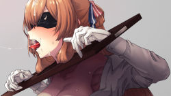 Rule 34 | 1girl, black blindfold, blindfold, bound, bound wrists, breasts, breasts out, brown hair, collarbone, collared shirt, covered eyes, cum, cum on hair, facial, female focus, girls&#039; frontline, hair rings, highres, large breasts, long hair, long sleeves, nakiusagi, off shoulder, open clothes, open mouth, open shirt, out-of-frame censoring, pillory, ponytail, shirt, sidelocks, solo, springfield (girls&#039; frontline), tongue, tongue out, upper body, white shirt