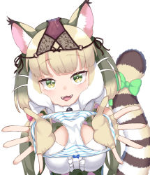 Rule 34 | 1girl, animal ear fluff, animal ears, blonde hair, bow, bow panties, breasts, cat ears, cat girl, cat tail, center frills, cleavage cutout, clothing cutout, dutch angle, fangs, fingerless gloves, frills, gloves, green eyes, highres, holding, holding clothes, holding panties, holding underwear, jungle cat (kemono friends), kemono friends, kemono friends v project, long hair, looking at viewer, multicolored hair, object on head, open mouth, outstretched arms, outstretched hand, palms, panties, panties on head, presenting removed panties, sawara noa, side-tie panties, simple background, smile, solo, spread fingers, tail, tail bow, tail ornament, twintails, underwear, upper body, very long hair, virtual youtuber, white background, white hair