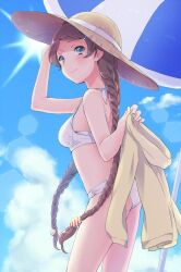 Rule 34 | 1girl, back, bikini, blue eyes, blue sky, blue umbrella, braid, brown hair, closed mouth, cloud, commentary request, day, eyelashes, from side, gleam, hair ornament, hairclip, hand on headwear, hat, holding hoodie, hood, hoodie, light blush, long hair, looking at viewer, low twin braids, original, outdoors, sky, smile, solo, stomach, summer, sun, sun hat, sunlight, swimsuit, twin braids, two-tone umbrella, umbrella, very long hair, white bikini, white umbrella, wide brim, witoi (roa), yellow hat, yellow hoodie