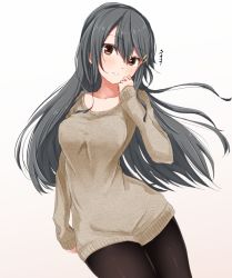 Rule 34 | 10s, 1girl, ame-rain, blush, breasts, brown eyes, collarbone, eyebrows, grey hair, hair between eyes, hair ornament, hairclip, haruna (kancolle), highres, kantai collection, long hair, long sleeves, looking at viewer, medium breasts, open mouth, pantyhose, simple background, sleeves past wrists, solo, sweater, thighs