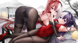 2girls absurdly_long_hair absurdres ass azur_lane black_footwear blue_eyes bodystocking breasts chao_ho_(azur_lane) chao_ho_(frolicking_flowers_verse_ii)_(azur_lane) detached_sleeves double_bun frilled_hairband frills hair_bun hairband high_heels highres lace-trimmed_sleeves lace_trim large_breasts long_hair manjuu_(azur_lane) multicolored_hair multiple_girls official_alternate_costume pantyhose proverbs_zhenyan purple_eyes purple_hair red_hair shoes siblings sisters split-color_hair thighband_pantyhose two-tone_hair very_long_hair white_hair ying_swei_(azur_lane) ying_swei_(frolicking_flowers_verse_i)_(azur_lane)