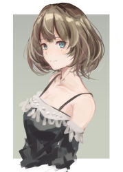 Rule 34 | 1girl, aqua eyes, arms at sides, bad id, bad pixiv id, bare shoulders, black tank top, breasts, brown hair, closed mouth, detached sleeves, from side, green background, green eyes, heterochromia, highres, idolmaster, idolmaster cinderella girls, lips, looking at viewer, mole, mole under eye, senaya eru, short hair, simple background, sketch, small breasts, smile, solo, spaghetti strap, square, takagaki kaede, tank top, upper body