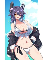 1girl alternate_costume bikini black_gloves black_jacket black_necktie blue_sky breast_pocket breasts cleavage clothes_pull cloud collared_shirt dress_shirt eyepatch gloves hand_on_own_hip headgear highres jacket jacket_partially_removed kantai_collection large_breasts medium_breasts necktie one-piece_swimsuit_pull orange_eyes pocket purple_hair shiba_(zudha) shirt sky solo swimsuit tenryuu_(kancolle) tied_shirt unworn_necktie white_bikini white_shirt