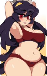 Rule 34 | 1girl, armpits, arms up, bad id, bad tumblr id, belly, blush, border, bow, bow panties, bra, breasts, cleavage, commentary, english commentary, filia (skullgirls), gradient background, hair between eyes, half-closed eyes, highres, large breasts, long hair, navel, outside border, panties, plump, purple bow, purple hair, red bra, red eyes, red panties, samson (skullgirls), shiny skin, simple background, skullgirls, sports bra, stomach, thick thighs, thighs, toonigal, underwear, very long hair, white border, wide hips