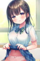 Rule 34 | 1girl, black hair, blue skirt, blurry, blurry background, blush, bow, bow panties, braid, breasts, brown eyes, clothes lift, collared shirt, commentary request, depth of field, diagonal stripes, dress shirt, green bow, hair between eyes, hair ornament, hairclip, head tilt, highres, lifted by self, long hair, medium breasts, navel, original, panties, parted lips, plaid, plaid skirt, pleated skirt, school uniform, shirt, short sleeves, skirt, skirt lift, solo, striped, striped bow, underwear, usashiro mani, white panties, white shirt, x hair ornament