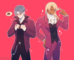 Rule 34 | 2boys, ace attorney, adjusting clothes, ascot, belt, belt chain, black belt, black vest, blonde hair, blush, buttoned cuffs, buttons, closed eyes, cosplay, costume switch, cowboy shot, dark-skinned male, dark skin, deviantart username, drill hair, ear piercing, formal, frilled ascot, frills, grey hair, hair between eyes, hair intakes, hand on own hip, hand up, highres, jacket, jewelry, klavier gavin, lapels, layered sleeves, long sleeves, male focus, medium hair, midriff peek, miles edgeworth, multiple boys, open clothes, open collar, open jacket, outline, pants, piercing, purple jacket, purple pants, purplesound, red background, ring, shirt, short hair, smile, sparkle, spoken squiggle, squiggle, suit, suit jacket, tumblr username, twirling hair, untucked shirt, vest, wallet chain, watermark, white ascot, white outline, white shirt