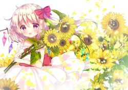 Rule 34 | 1girl, alternate costume, bare arms, bare shoulders, blonde hair, bow, commentary request, crystal, dress, flandre scarlet, flower, hair between eyes, hair bow, head tilt, holding, holding flower, long hair, looking at viewer, one side up, red bow, red eyes, rikatan, sleeveless, sleeveless dress, solo, sunflower, touhou, white background, white dress, wings, yellow flower