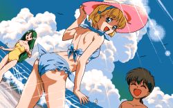 Rule 34 | 1990s (style), 1boy, 2 shot diary 2, 2girls, ^ ^, beach, bikini, bird, blonde hair, blue bikini, breasts, casual one-piece swimsuit, character request, closed eyes, cloud, diffraction spikes, dutch angle, emi (2 shot diary 2), flying, game cg, green hair, hat, lens flare, long hair, looking at viewer, looking back, multiple girls, ocean, one-piece swimsuit, outdoors, pc98, retro artstyle, sailing ship, short hair, sky, small breasts, smile, standing, strapless, sun hat, swimsuit, tagme, yellow one-piece swimsuit