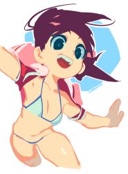 Rule 34 | 1girl, armpits, arms up, barefoot, bikini, breasts, brekkist, brown hair, child, feet, full body, green eyes, hair ribbon, highres, jacket, medium hair, navel, open clothes, open jacket, open mouth, red hair, ribbon, saru getchu, sayaka (saru getchu), short twintails, simple background, sketch, small breasts, smile, solo, swimsuit, twintails
