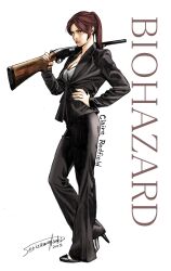 Rule 34 | 1girl, blue eyes, breasts, brown hair, claire redfield, cleavage, closed mouth, dated, formal, gun, high heels, highres, lips, long hair, looking at viewer, medium breasts, naoki serizawa, pant suit, pants, ponytail, resident evil, resident evil 2, shotgun, simple background, solo, suit, weapon, white background