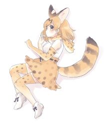 Rule 34 | 1girl, animal ears, blonde hair, bow, bowtie, cat ears, cat girl, cat tail, elbow gloves, extra ears, gloves, highres, kemono friends, kneehighs, kuromitsu (9633 kmfr), looking at viewer, serval (kemono friends), serval print, shirt, shoes, short hair, simple background, skirt, sleeveless, sleeveless shirt, socks, solo, tail, yellow eyes
