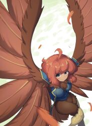 Rule 34 | 1girl, ahoge, bird legs, bird tail, blue jacket, blush, breasts, brown eyes, brown feathers, brown wings, commentary, commission, english commentary, feathered wings, feathers, fluffy hair, harpy, highres, jacket, looking at viewer, medium breasts, medium hair, monster girl, neck fur, orange hair, original, sifserf, smile, solo, tail, tan, white background, winged arms, wings