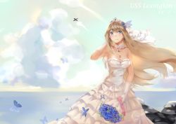 Rule 34 | 1girl, absurdres, bare shoulders, blue eyes, blue flower, blue rose, bouquet, breasts, bug, butterfly, choker, cleavage, cloud, day, dress, earrings, flower, frilled dress, frills, tucking hair, highres, bug, jewelry, lexington (warship girls r), long hair, looking at viewer, necklace, ocean, outdoors, platinum blonde hair, r.r (yohanee), rose, sky, smile, solo, strapless, strapless dress, tiara, warship girls r, wedding dress, white flower, white rose, wind